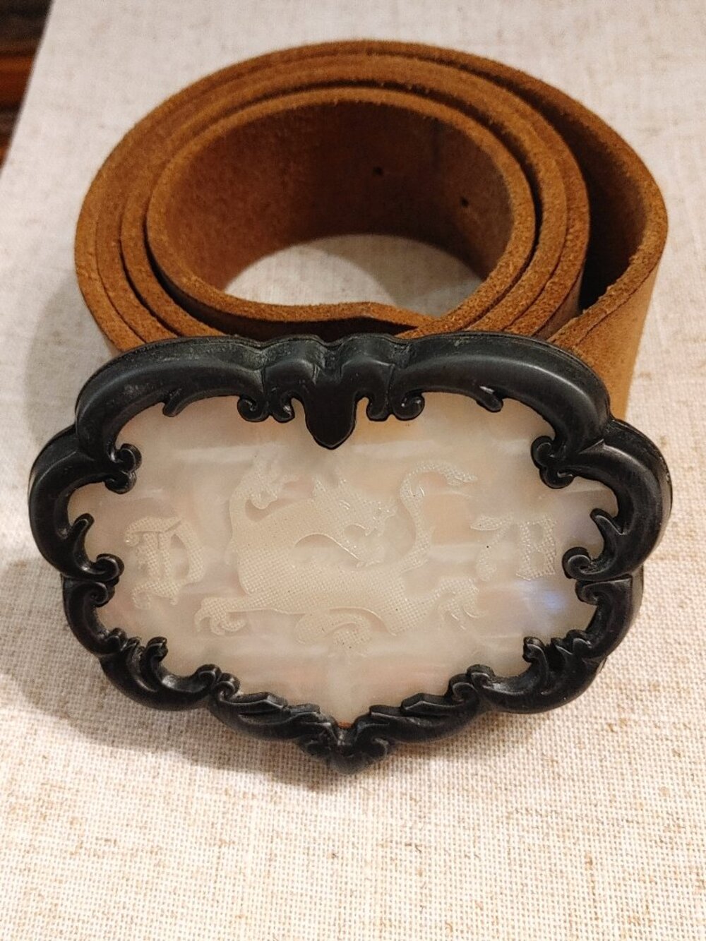 RARE Vintage Diesel Archive Leather Belt – Ornate Carved Shell Buckle Y2K Italy
